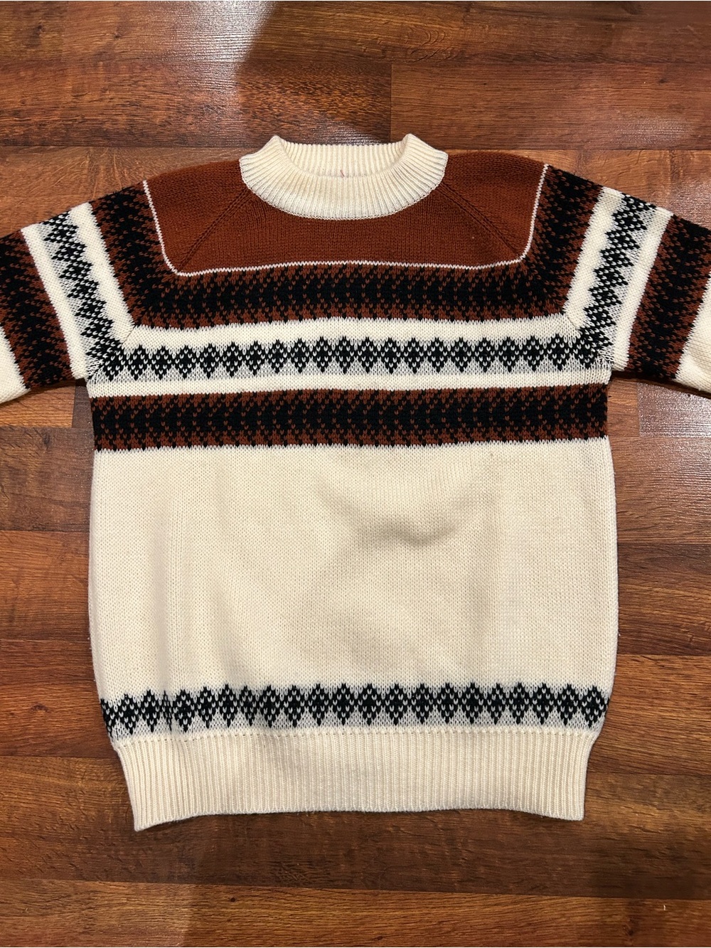 Vintage Men’s Knit Crewneck Sweater Fair Isle Size Small 80’s 90’s Cream Brown
